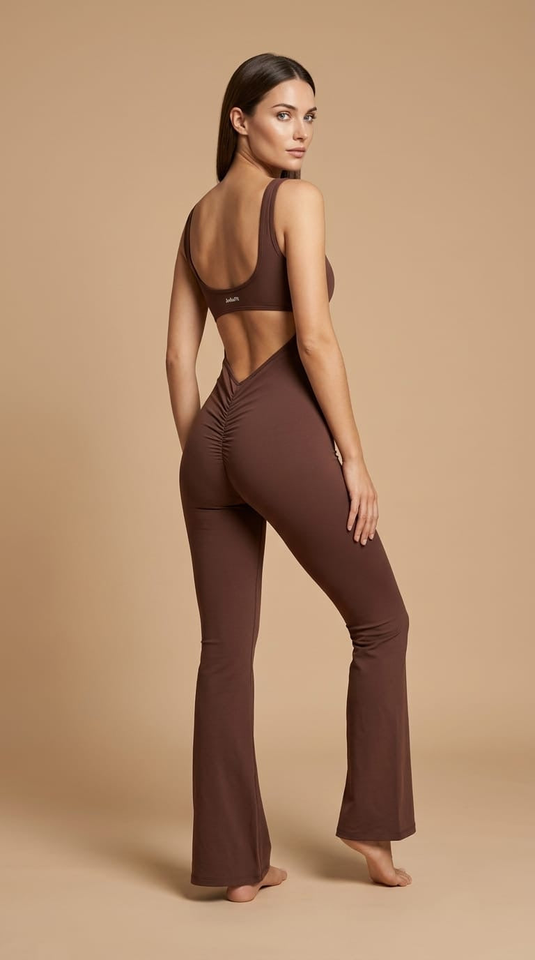 Combinaison de Sport Marron Chocolat Dos Nu Jambes Évasées